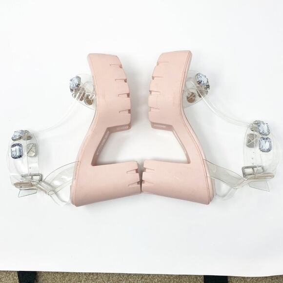 ASOS Light Pink Chunky Heel Sandals w PVC and Rhinestones Sz 6 Adjustable Strap - Picture 6 of 12